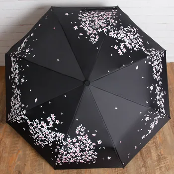 Black cherry blossom skėtis mažas šviežių asmenybės kūrybos tris lankstymo lietaus, skėtis moterų dvejopo naudojimo juoda guma skėtis