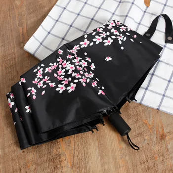 Black cherry blossom skėtis mažas šviežių asmenybės kūrybos tris lankstymo lietaus, skėtis moterų dvejopo naudojimo juoda guma skėtis
