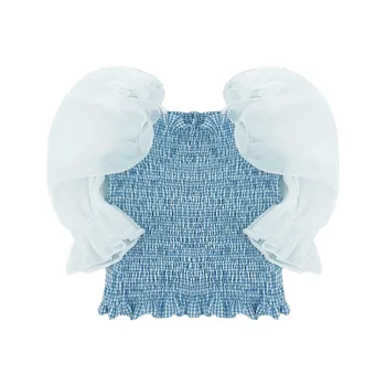 Retro pledas šifono marškinėliai moterims 2020 metų vasaros naujųjų slim-fit plisuotos aikštėje apykakle palaidinė clavicle trumpas sluoksniuotos rankovėmis viršūnes