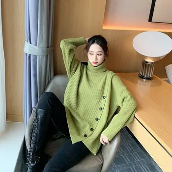 Moterų šiltas megztinis golfo moterų naują korėjiečių stiliaus prarasti tinka megztinis vientisų spalvų viršų