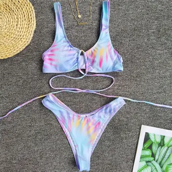 Moterų Sexy 2 Gabalas Bikini Komplektas Rainbow Tie Dažai Spausdinimas Maudymosi Kostiumėlį, Tuščiaviduriai Persipintos Strappy Kaklaraištis Atgal Brazilijos Maudymosi Kostiumas
