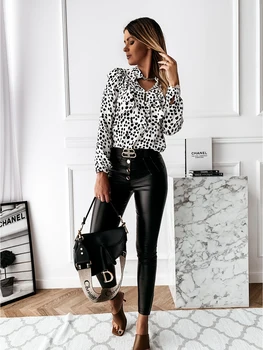Moterų Atsitiktinis Leopard Dot Spausdinti Pynimas Palaidinė 2021 M. Rudens Žiemos Ilgomis Rankovėmis Marškinėliai Elegantiškas Office Lady V-Kaklo Mygtuką Viršūnes Blusa