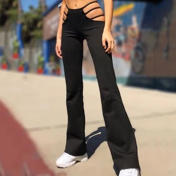 Moteris Juoda Sexy Iškirpti Kelnės Slim Fitneso Prakaito Kelnės Tuščiaviduriai Iš Flare Kelnės Streetwear Bell Dugnu Kelnės