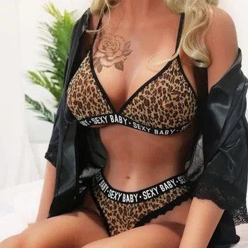Seksualus apatinis Trikotažas Leopardas Spausdinti Liemenėlės Nustatyti Moterų Bralette Liemenėlės + G-string Thong Kelnaitės Rinkiniai Babydoll Apatiniai Sleepwear naktiniai drabužiai