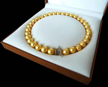 12mm AAA+ Golden south sea shell perlų karoliai, Auksinė Perlų Vėrinį Collier Halsketten Didelis Megztinis grandinės 925 užsegimas