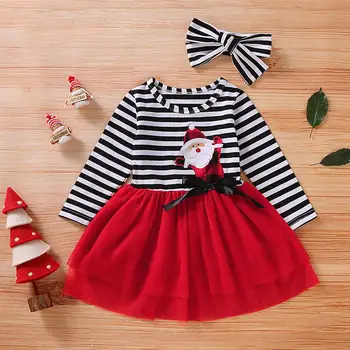 žiemos kalėdų dress mergaitė Bamblys Kūdikių Merginos Kalėdų Santa Dryžuotas Spausdinti Tiulio Suknelė+Lankelis Komplektus Dropshipping #L4