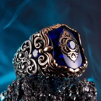 Sidabras Vyrų Mėlyna Cirkonis Akmuo Žiedas Handcarved Derliaus Puošnus Vyrų Papuošalų Aukščiausios Kokybės Žiedas iš Turkijos Vyrų Dovanos