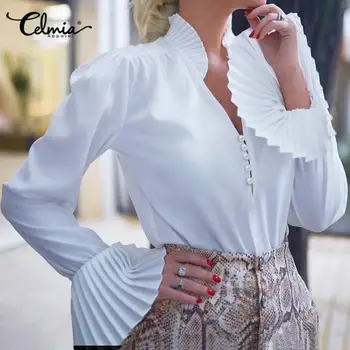Elegantiškas Biuras Marškiniai, moteriškos Palaidinės Celmia 2021 M. Rudenį Ilgai Blyksnius Rankovės Baltos Viršūnės Atsitiktinis Palaidų Mygtukai Raukiniai Blusas Femme