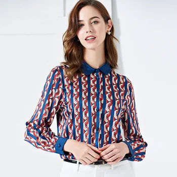 Moteriškos palaidinės ir viršūnių šilko gėlių biuro oficialų atsitiktinis marškiniai plius dydžio 2019 m. vasarą seksualus Haut femme mėlyna raudona geometrinio