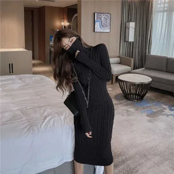 Vientisas Mados Ponios Slim Suknelė korėjos Elegantiškas Šalis Megztas Megztinis Sukneles 2020 M. Žiemos Moterų Ilgas Rankovėmis Suknelė Ladys