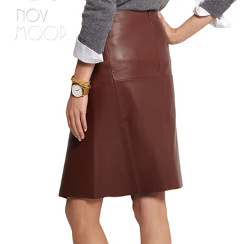 Novmoop Italijos mados stilius moterys pavasarį priekiniai padalinta aukšto juosmens avikailio natūralios odos klubo sijonas faldas mujer moda LT3045