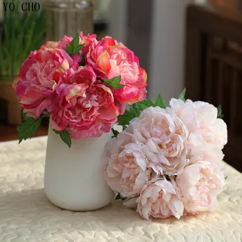 5 galvutėmis/puokštė dideles dirbtines bijūnų puokštė lapai nekilnojamojo touch rožės šilko gėlių puokštės, vestuvių dekoravimas mariage