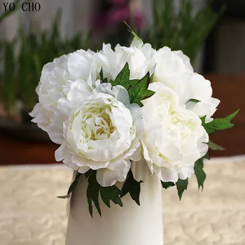 5 galvutėmis/puokštė dideles dirbtines bijūnų puokštė lapai nekilnojamojo touch rožės šilko gėlių puokštės, vestuvių dekoravimas mariage