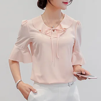 Moterų šifono palaidinė marškinėliai atsitiktinis trumpas rankovėmis varpo baltas rožinis mėlynas vasarą, rudenį, moterų topai