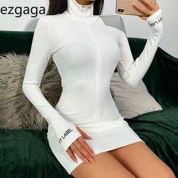 Ezgaga Golfo Mini Wrap Suknelė Moterims Atsitiktinis Ilgomis Rankovėmis Laišką Siuvinėjimo Užtrauktukas Kietas Seksualus Bodycon Megztos Suknelės, Elegantiškas