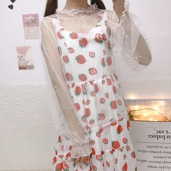 Japonijos saldus lolita dress braškių spausdinimo viktorijos suknelė+lotus lapų apykaklės akių viršų kawaii girl gothic lolita nustatyti loli