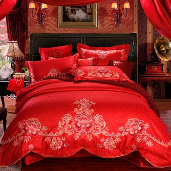 Prabangius rytietiškus vestuvių Patalynės rinkinys, karalius ir karalienė dydžio raudonos spalvos dėmių žakardo siuvinėjimo lova nustatyti antklode padengti lova/flat sheet set