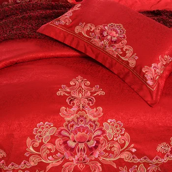 Prabangius rytietiškus vestuvių Patalynės rinkinys, karalius ir karalienė dydžio raudonos spalvos dėmių žakardo siuvinėjimo lova nustatyti antklode padengti lova/flat sheet set