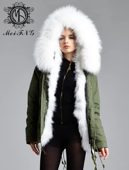 Nekilnojamojo fox fur parko balta spalva kailio ir nekilnojamojo meškėnas kailių apykaklės žiemą storas paltas moterims