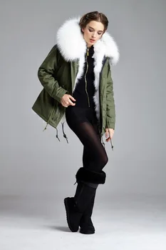 Nekilnojamojo fox fur parko balta spalva kailio ir nekilnojamojo meškėnas kailių apykaklės žiemą storas paltas moterims