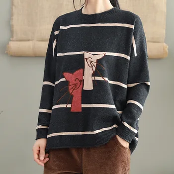 Dryžuotas megztinis ilgomis rankovėmis siuvinėjimo animaciją kačių megztiniai atsitiktinis laisvi megztiniai megztinis