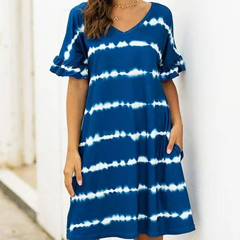 Moterų Kišenėje Banguota Juostele Kaklaraištis Dažų Atsitiktinis Palaidų trumpomis Rankovėmis Suknelė Tamsiai Mėlynos spalvos XL Dydžio