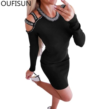 Oufisun 2020 m. Rudenį Kieto Pieštuko Suknelė Seksualus Stebėjimo Deimantai Mini Šalis Suknelė Mados O-kaklo Visą Rankovės Moterų Suknelės, Vestido