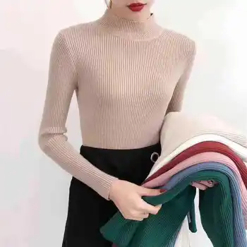 Rudenį Ilgomis Rankovėmis Moterų Megztinis Megztas Golfo Puloveriai Žiemos Elastingumą Spalvotų Kietas Slim Streetwear Viršuje Moterų 2020 M.