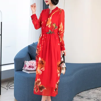 Naujas 2019 Dizaineris Dirbtiniais Šilko Suknelė Rudenį Originalaus Dizaino Moterys Ilgomis Rankovėmis Gėlių Spausdinti Prarasti Plonas Elegantiškas Ilgas, Maxi Vestidos