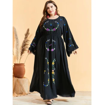 Plus Size Siuvinėjimo Plisuotos Arabų Boho Jilbab Musulmonų Moterys Ilga Suknelė Abaja Ramadanas Islamo Etninės Maxi Skraiste Suknelė Dubajus Drabužiai