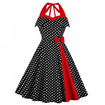 Moterys, Juoda, Rockabilly Dot Spausdinti Derliaus Suknelės 1950 Hepburn Vasaros Pin Up Suknelė Aukšto Juosmens-Line Šalies Midi Vestidos Mujer