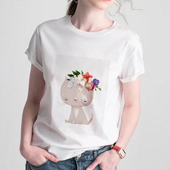 T-shirt Femme kawaii Gyvūnų gėlių Spausdinti Plonas Skirsnio Viršūnes Moterų Drabužiai marškinėliai Moterims Harajuku Baltos spalvos Marškinėlius trumpomis Rankovėmis