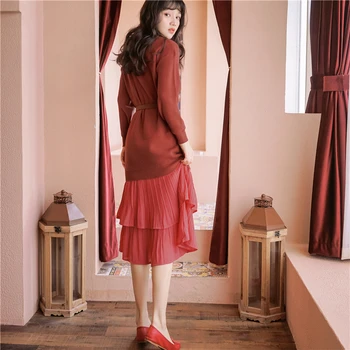 Rudenį naujų mezgimo megztinis suknelė prancūzų stiliaus atkurti senovės būdų kelio ilgis plisuotos šifono sijonas, dviejų dalių, su diržu