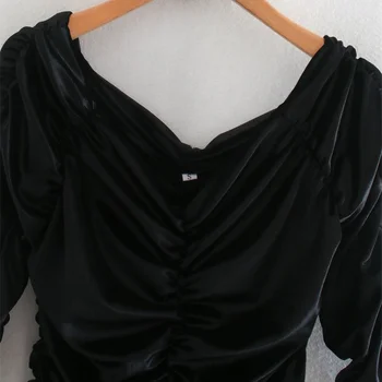 TRAF2020 moterų mados elastinga plisuotos marškinėliai retro vieną petį ilgomis rankovėmis aksominė palaidinė streetwear