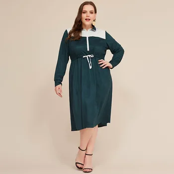 Naujų 2020 m. rudens žiemos plius dydis midi suknelė moterims didelių palaidų atsitiktinis ilgomis rankovėmis žalia užtrauktukas, suknelė, diržas 3XL 4XL 5XL 6XL 7XL