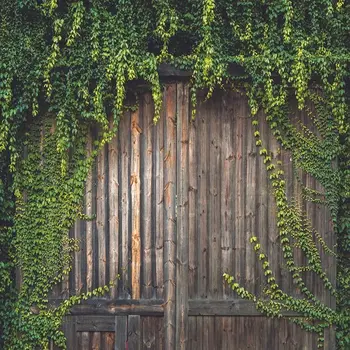 Dušo Užuolaidos Medinės Durys su Laipiojimo Krūmų Lapai Ivy Augalų Fasadas Vintage House Smėlio spalvos Žalia Foto Spausdinti