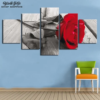 Namų Apdailos Drobė Nuotrauką Šiuolaikinio Gyvenimo Kambario, 5 vnt Raudona Rožė Gėlių HD Spausdinti Tapybos Sienos Meno Modulinės Plakato Sistema