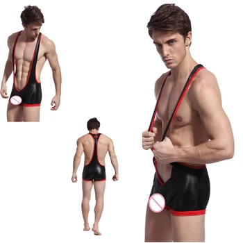 Naujas Atvykimo vyriški Apatiniai Mens Spandex Thong Leotard Bodysuit Singlet Imtynių S M L XL, Juoda/Raudona