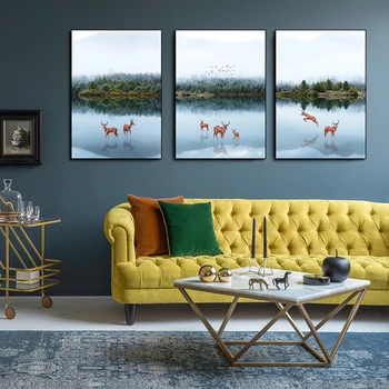 Minimalistinio Šiaurės Stiliaus Plakatą Miško Ežero Peizažas Sienos Nuotraukas Drobė Menas Spausdinti Abstrakčiai Kalnų Elnių Tapybos Namų Dekoro