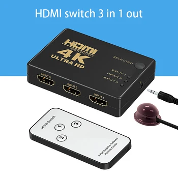 HDMI Switcher 3 in 1 Out, Paramos 4K, Full HD 1080P, 3D Infraraudonųjų spindulių Nuotolinio Valdymo pultas, 3 in 1 Switcher