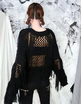 Harajuku Streetwear 2020 Juoda V-kaklo, Tuščiaviduriai Iš Kutas Laisvi Megztiniai Megzti Megztinis