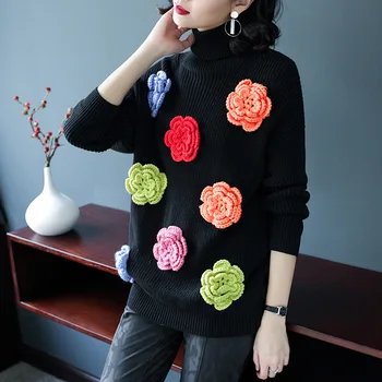 Karšto Pardavimui, iki 2018 m. pavasario Mados naujų moterų megztinis juoda apykakle temperamentas siuvinėjimo laisvas megztinis moterims