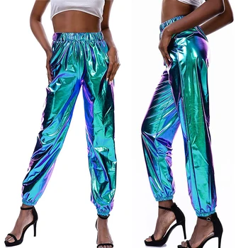 Metalinis Blizgus Jogger Kelnes Moterų Haremas Hip-Hop High Waisted Glittening Streetwear Elastinės Kelnės