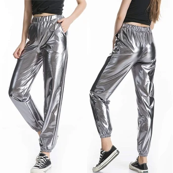 Metalinis Blizgus Jogger Kelnes Moterų Haremas Hip-Hop High Waisted Glittening Streetwear Elastinės Kelnės