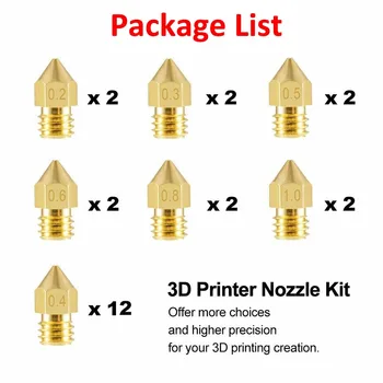 24PCS MK8 Ekstruderiu Antgalis 1.75 mm 3D Spausdintuvas Antgalis 0,2 mm 0,3 mm 0,4 mm, 0,5 mm, 0,6 mm 0,8 mm 1,0 mm už Makerbot Creality CR-10 Ender 3