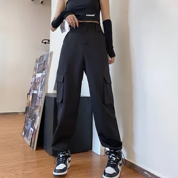 Moterų Mados Aukšto Liemens Kelnės Didelės Kišenės Krovinių Kelnės Baggy Tactical Kelnių Hip-Hop Poilsiu Ilgas Kelnes Prarasti Streetwear
