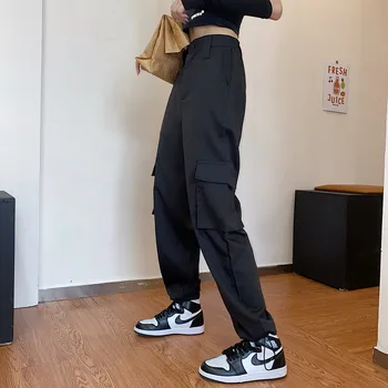 Moterų Mados Aukšto Liemens Kelnės Didelės Kišenės Krovinių Kelnės Baggy Tactical Kelnių Hip-Hop Poilsiu Ilgas Kelnes Prarasti Streetwear