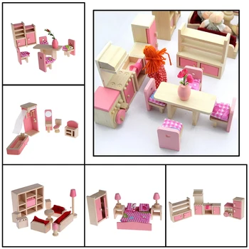 Medinių Lėlių namelio Baldai Miniatiūriniai Žaislas Lėlės Vaikai Vaikų namuose Žaisti žaislas mini baldų komplektus Lėlės, Žaislai berniukams, mergaitėms dovanų