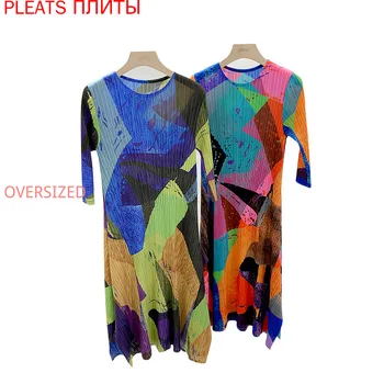 Miyake Plisuotos Printed Dress Moterų Rudenį ir Žiemą Temperamentas Apvalios Kaklo Prarasti Lieknėjimo Didelio Dydžio Suknelė Klostes Shein