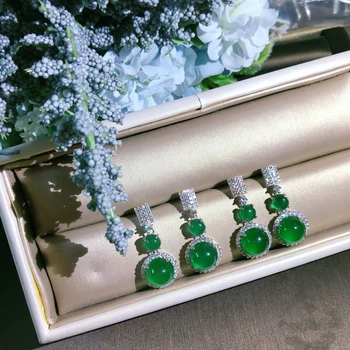 Natūrali žalioji chalcedony auskarai Kinijos retro permatomas pilna deimantų, putojantis žavesio moterų prekės sidabro papuošalai